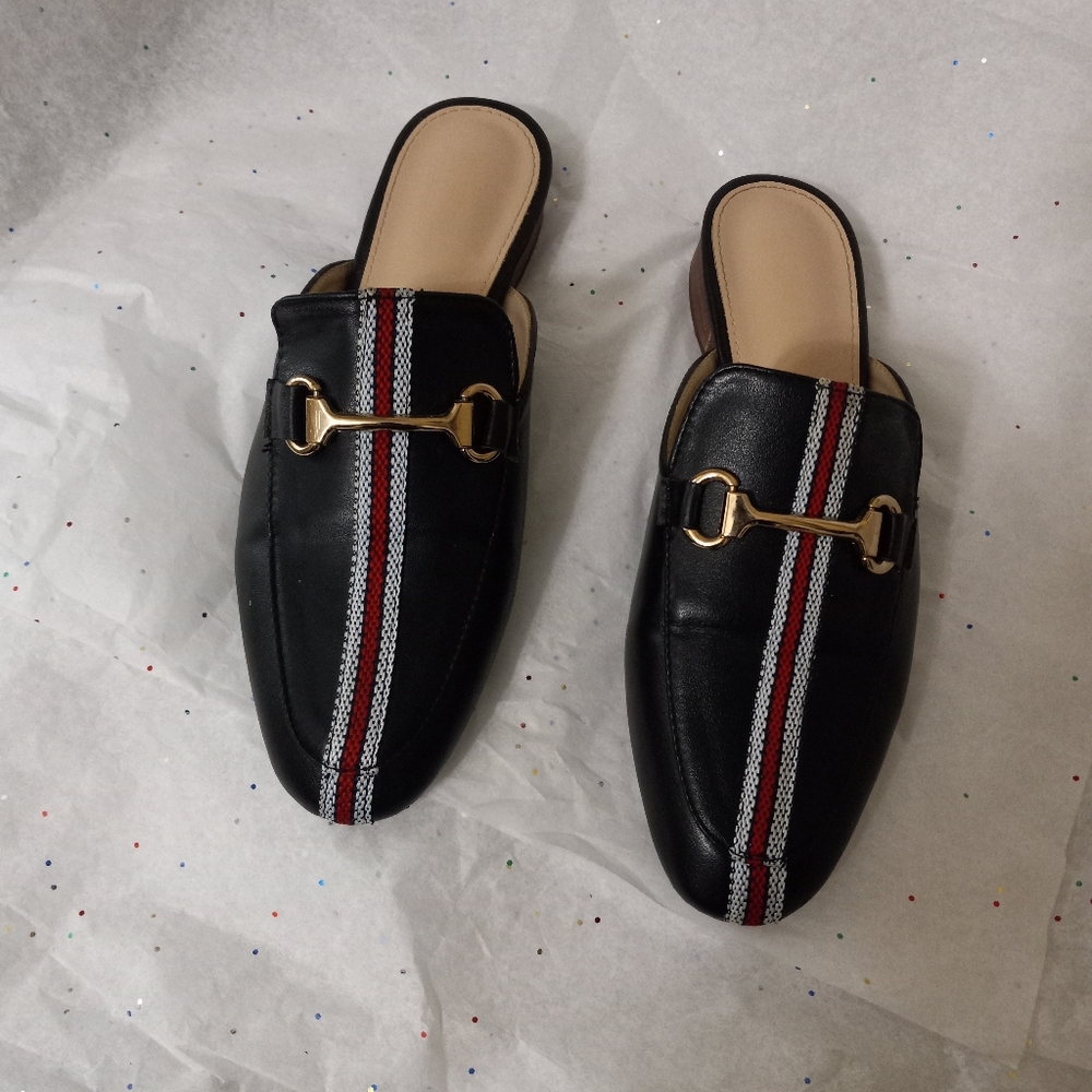 Black Loafers with Red and White Stripes